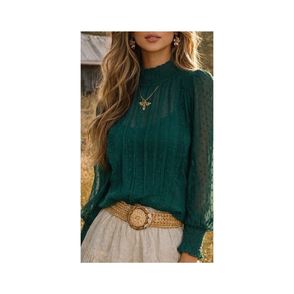 Farm Rio Blouse Women SMALL Green Ruffled Long Sleeve Swiss Dot Emerald Top Boho